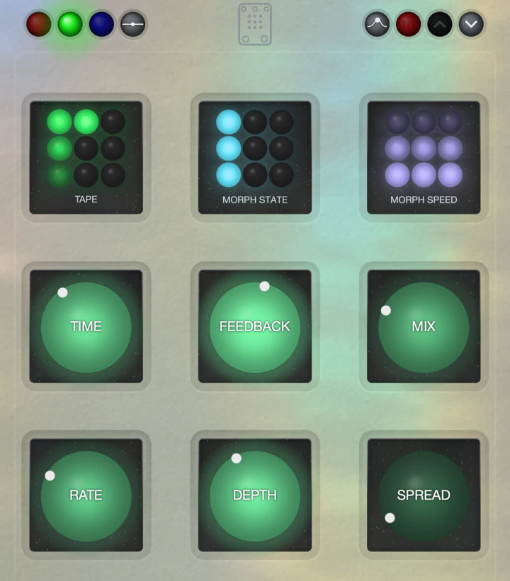 The editor playing tape: its sigil in green, the morph's state and speed, and tape's controls by name: TIME, FEEDBACK, MIX, RATE, DEPTH and SPREAD
