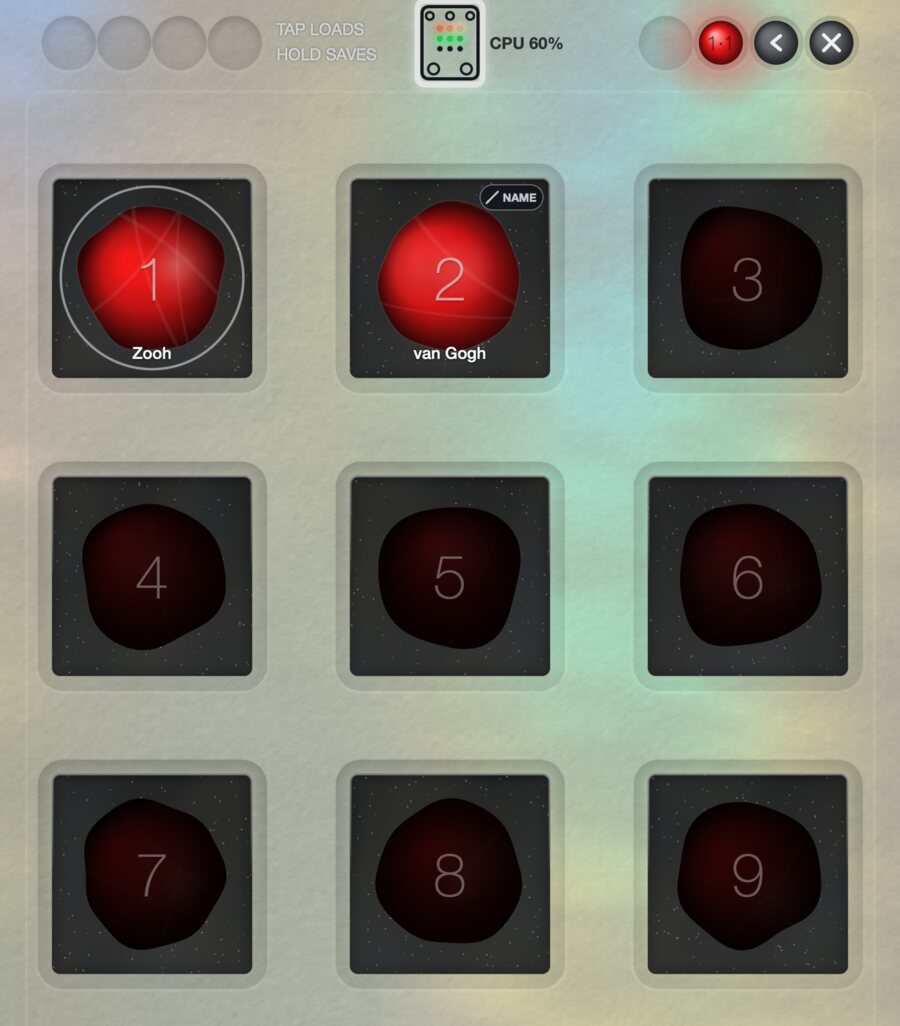 The editor's preset library: bank one's nine slots, two of them named, Zooh and van Gogh