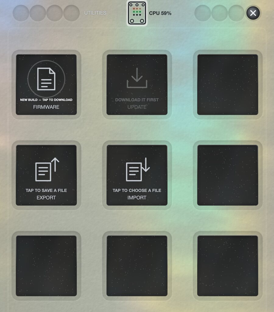 The editor's utilities: FIRMWARE offering a new build, UPDATE waiting for it, EXPORT and IMPORT for the whole library